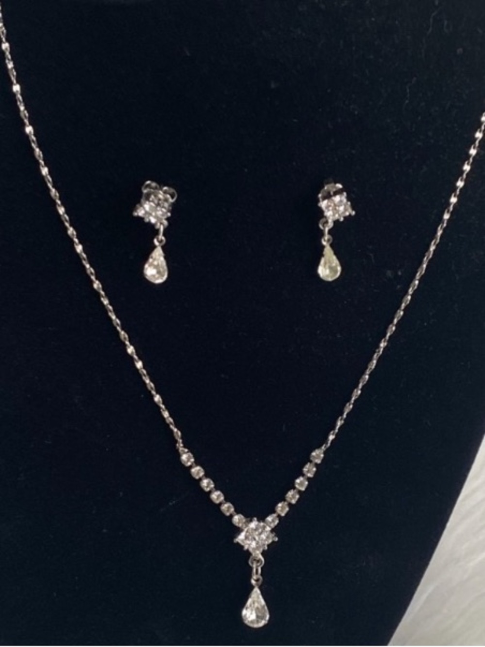 Vintage Art Deco Jewellery Set Silver And Rhinestones Drop Necklace And Earrings